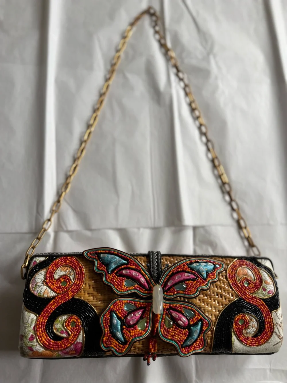 Mary Frances “Social Butterfly” Wicker/Rattan Clutch- 2007 Vintage Beaded Bag